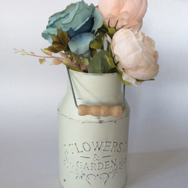 Hand painted vintage white  zinc metal milk churn with light distressed effect