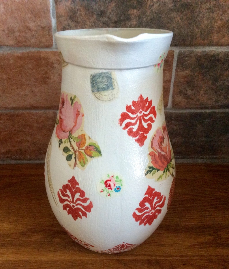 Glass Pitcher Jug Decoupaged Flower Vase Country Style Home Etsy