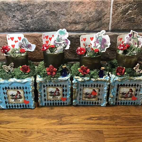 Alice in Wonderland, solid wood decoupaged blocks, decorative blocks, Alice in Wonderland gift, wonderland decoration