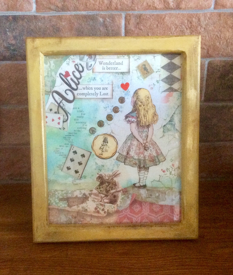 OOAK Alice in Wonderland framed mixed media Alice Art decor Cheshire Cat wall art Mad Hatter White Rabbit Lewis Carroll