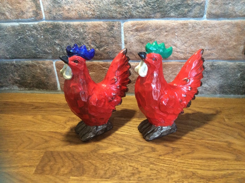 Carved Wooden Roosters Rustic Hand Painted Freestanding Etsy UK