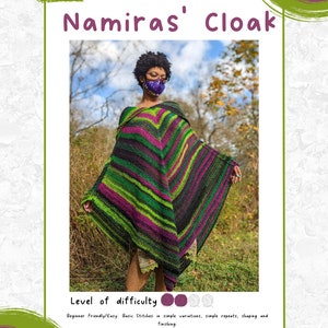 Puede incluir: Un patr&oacute;n de crochet para una capa a rayas verde, morado y negro llamada "Namiras' Cloak". El patr&oacute;n es f&aacute;cil para principiantes e incluye instrucciones para puntos b&aacute;sicos, variaciones simples, repeticiones simples, modelado y acabado. El patr&oacute;n es de Crafts by Madam Kai.