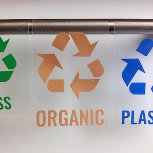 Calcomanías de vinilo con forma de contenedor de reciclaje. Pegatinas para organizar el hogar. Calcomanías de reciclaje a prueba de agua.