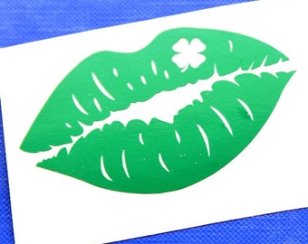 St Patricks Day vinyl decal.Lips with clover for St Patricks day decor.