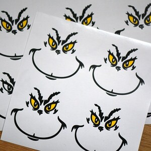 Set-10 Grinch-gezichtsstickers voor je doe-het-zelfprojecten. Vinylstickers voor Kerstmis.