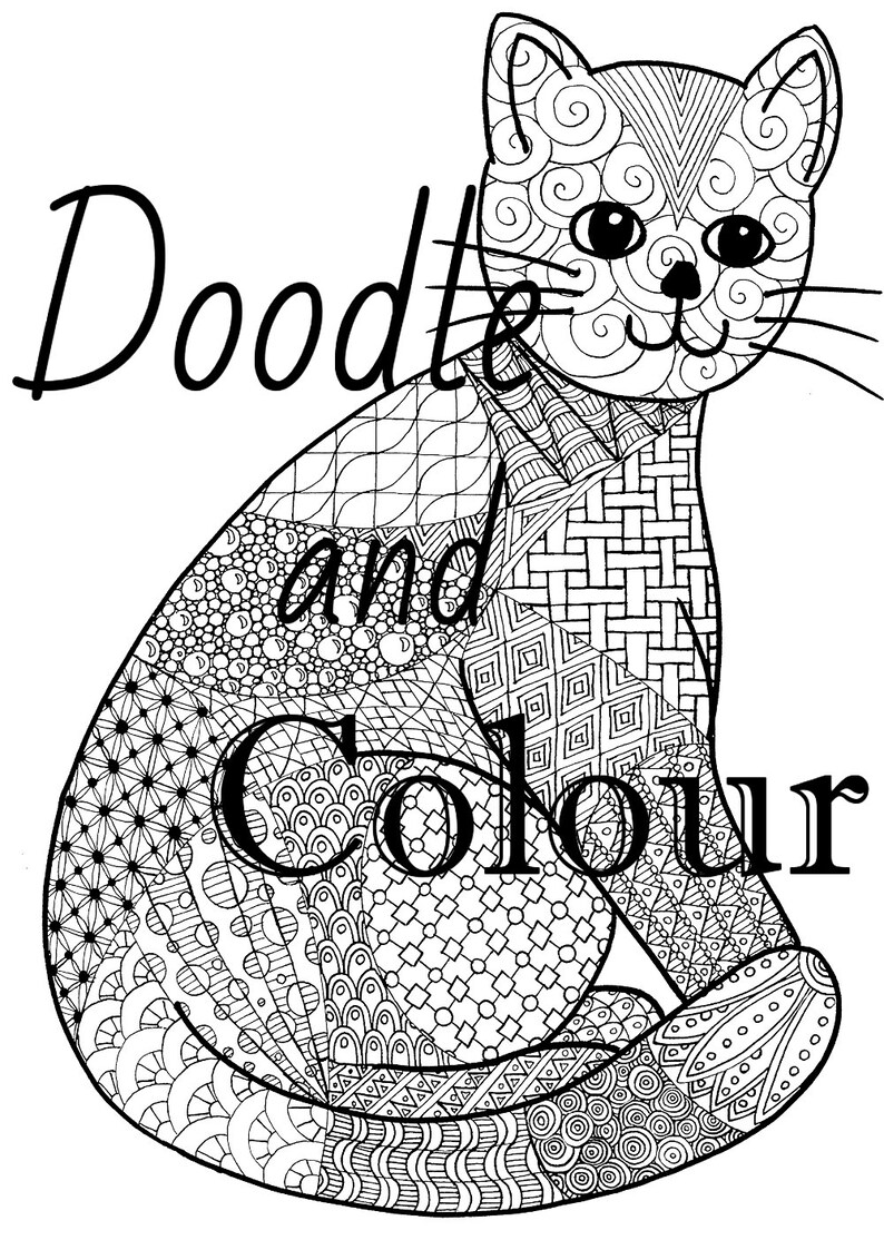 Cat Zen Doodle Adult Colouring Page Zentangle Style Art Etsy