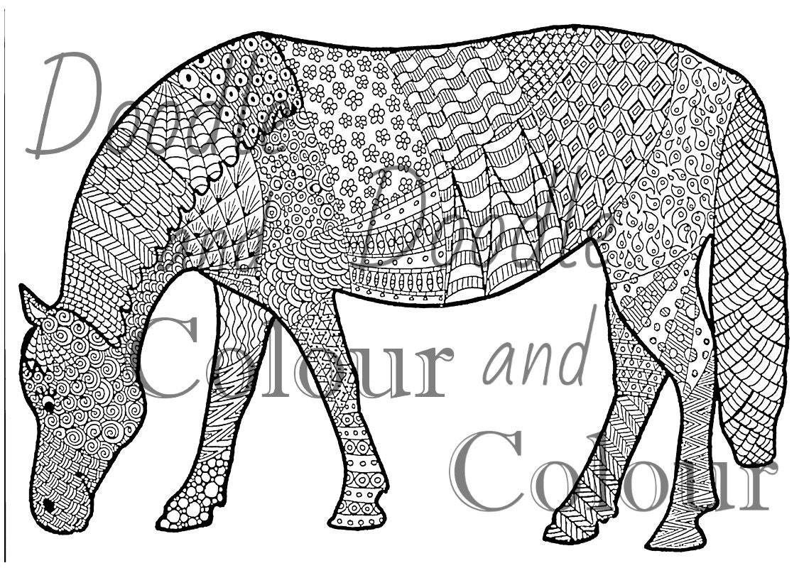 Horse Doodle Art Adult Colouring Page Instant Download Zen Etsy