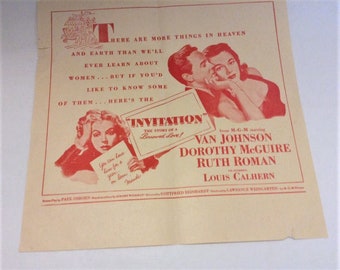 Vintage 1952 Film Movie Herald " Invitation " Original MGM US Newspaper Insert