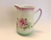Antique Victorian Ironstone Pitcher Jug Vase Handpainted Pink Roses - Unmarked