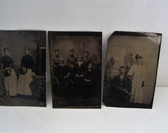 3 Antique Tintype Photo Photographs Victorian Family 1800s Fashion Attire 3.5 Inches Tall