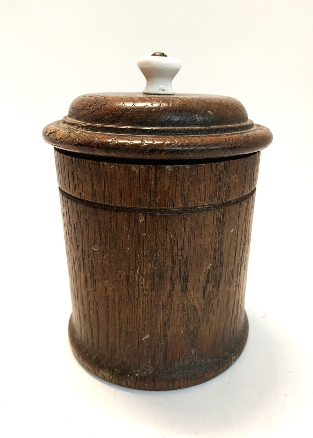 Vintage Wooden Container With Lid and Porcelain Knob 5 1/4 Tall Office