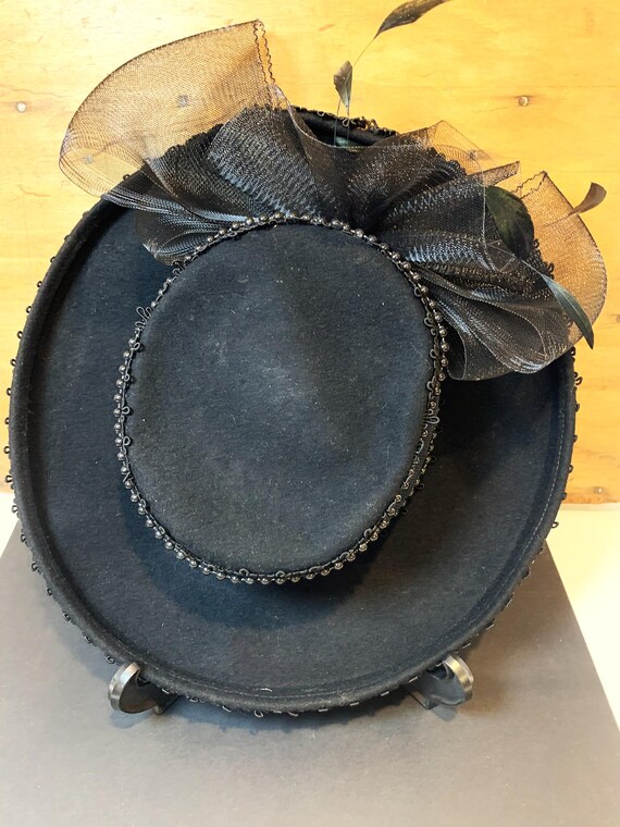 Vintage 1960s Ladies Black Hat Wide Brim Wool Felt With 