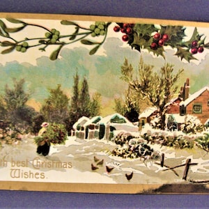 Carte postale de Noël vintage, scène de campagne, bordure dorée, dos indivis, Grande-Bretagne