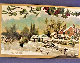 Carte postale de Noël vintage, scène champêtre, bordure dorée, dos indivis, Grande-Bretagne