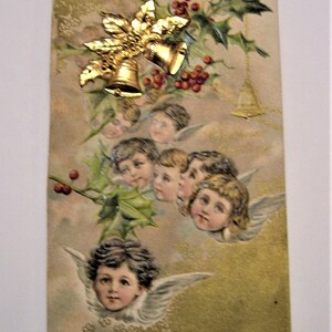 Carte postale de Noël vintage Salutations appliquées Cloches d'or surélevées Canada