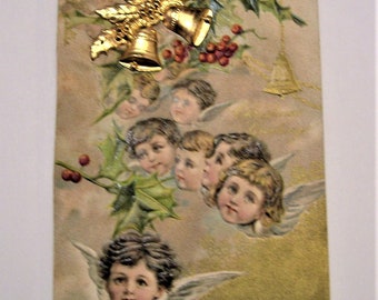 Vintage Christmas Postcard Greetings  Applied Raised Gold Bells Canada
