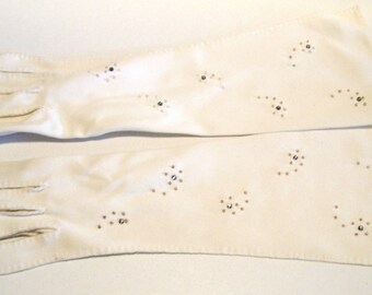 Evening Opera Gloves White Nylon 13 in. Sz 6 1/2 Beads Rhinestones Glam Vintage