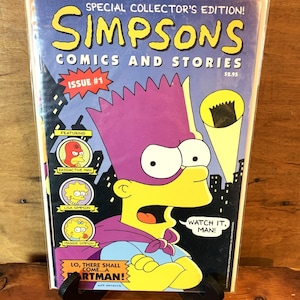 May include: A Simpsons comic book, Issue #1, featuring Bartman on the cover. The comic has a blue background with yellow text that reads "Simpsons Comics and Stories." The cover also features Radioactive Man, Lisa Simpson, and Maggie Simpson.