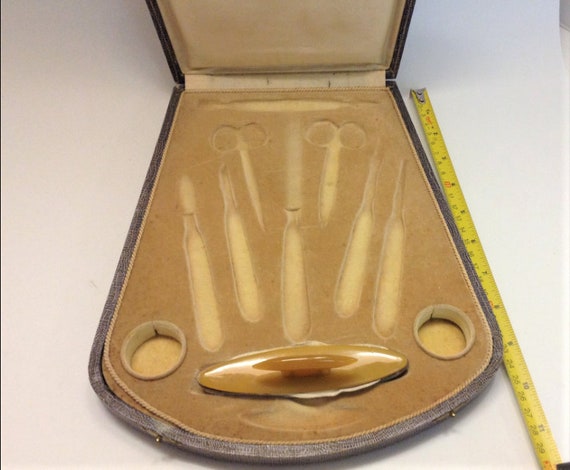 Antique Vanity Manicure Case Victorian Snake Skin with Bakelite Nail Buffer