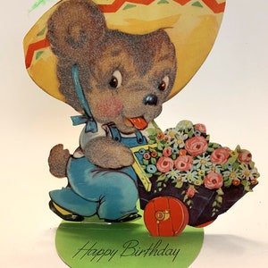 Vintage carte de voeux d'anniversaire Gibson ours floqué découpé avec chariot de fleurs - années 40