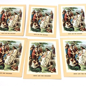6 cartes sacrées religieuses vintage Jésus et les enfants 3 3/4" x 3 7/8" tous identiques