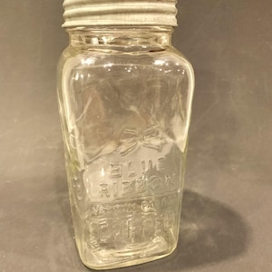 Vintage Blue Ribbon 1933 Glass Coffee Jar Sealer Square Quart Storage Container