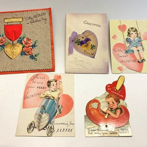 5 Vintage Valentines 1940s - Used - Juvenile, WWII - Purple Heart , Medal