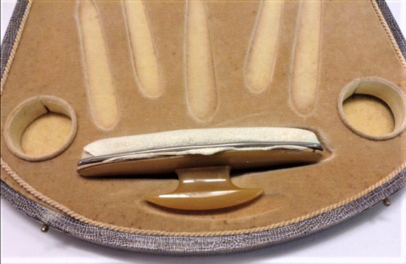 Antique Vanity Manicure Case Victorian Snake Skin with Bakelite Nail Buffer View 4