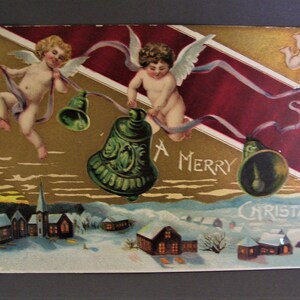 Carte postale de Noël vintage anges angelots et cloches début des années 1900