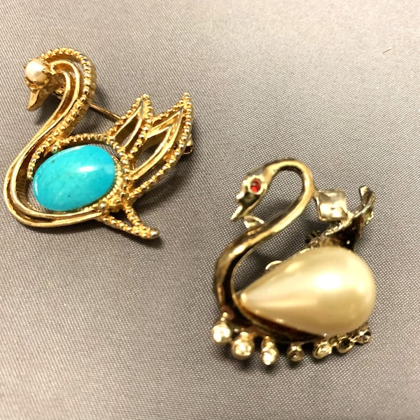 Vintage Brooks Swan Brooch Gold Tone  Plus Another Unmarked Swan Costume Jewelry