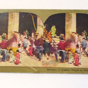 Vintage Stereoview Card Japan Asakusa Temple Tokyo Color Real Photo