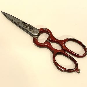 May include: Red metal kitchen shears with a silver blade. The shears have a built-in bottle opener.