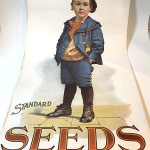 May include: A vintage poster advertising D.M. Ferry and Co's seeds. It depicts a young boy in a blue sailor suit and cap. The word "SEEDS" is in large letters, with "FOR SALE HERE" underneath. The poster shows signs of age and wear.