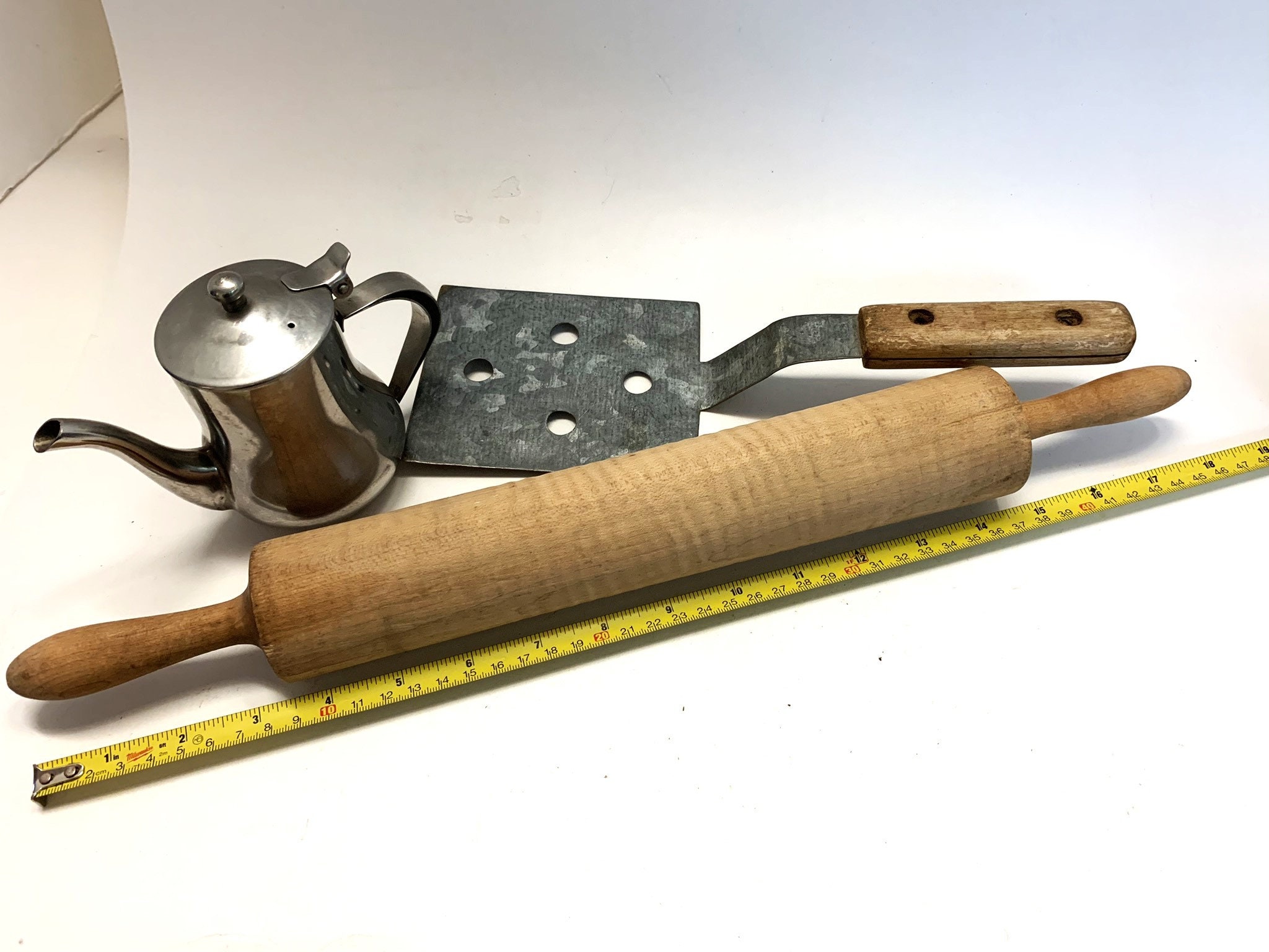 Sold at Auction: 4 Old Kitchen Utensils, Rolling Pin, Masher, Ice Cream  Scoop, Fork, Wooden and Metal
