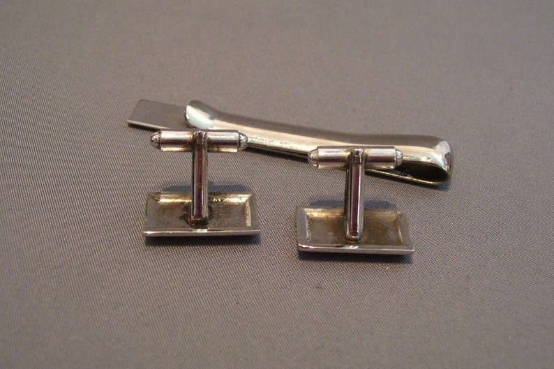 Vintage Cufflinks Tie Clasp Set Rhodium Finish Mid Century Etsy