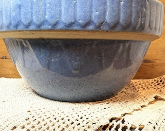 Antique Ruckles Picket Fence Blue Stoneware Pottery Bowl 8 1/4"  - Late 1800s