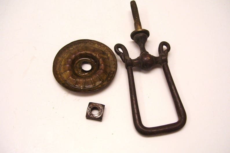 Antique Brass Drawer Long Drop Pull Round Backplate Victorian