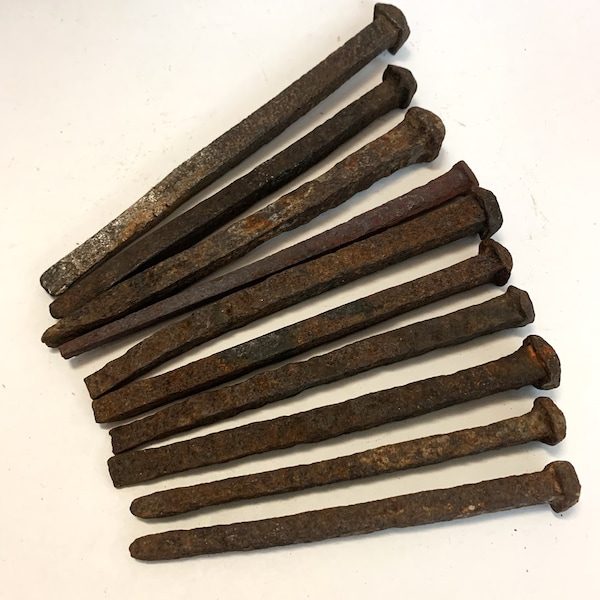 10 Antique Forged Iron Spikes Square Nails 6 In. Heavy Railroad or Barn Salvage