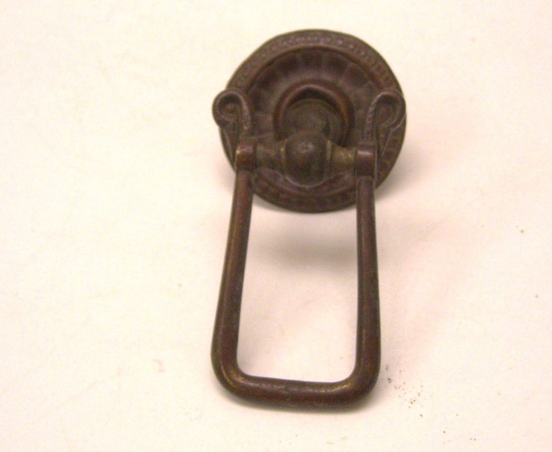 Antique Brass Drawer Long Drop Pull Round Backplate Victorian