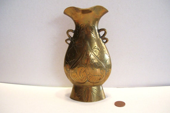 Asian Etched Brass Vase Chinese Maus Oriental 6 5 Inches Tall Etsy