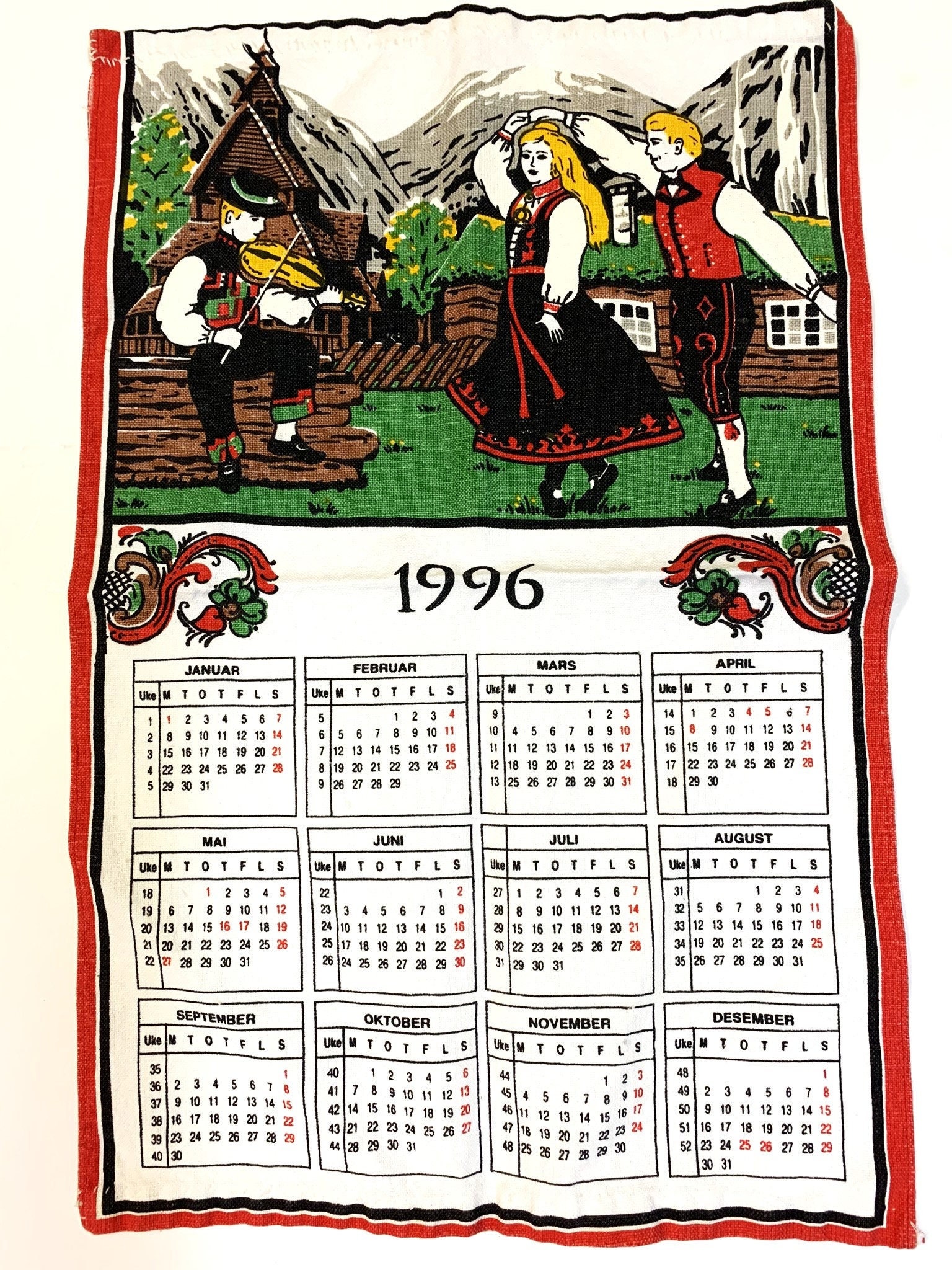 Vintage 1996 Calendar Tea Towel Swiss 19 1/4 x 12 3/4