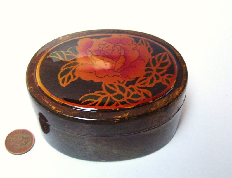 Vintage Lacquered Trinket Jewelry Box Oval With Rose - Etsy