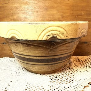 Antique RRP CO Yellow Ware Bowl Brown Bands Robinson Ransbottom Pottery 8" Wide