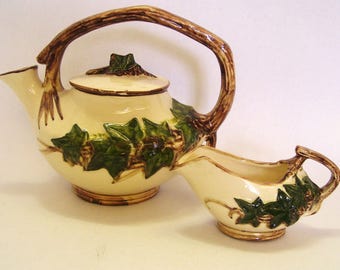 McCoy Pottery Teapot anf Creamer 2 Piece Set Green Ivy 1940s Vintage Mid Century