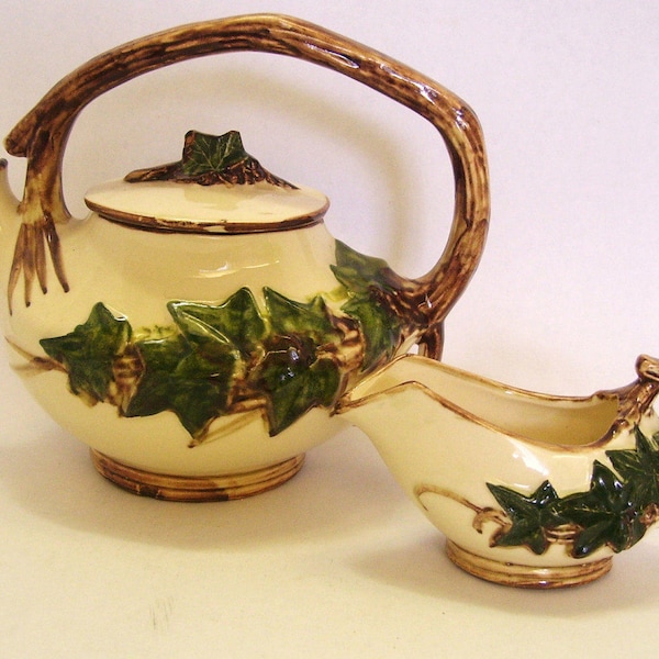 McCoy Pottery Teapot anf Creamer 2 Piece Set Green Ivy 1940s Vintage Mid Century