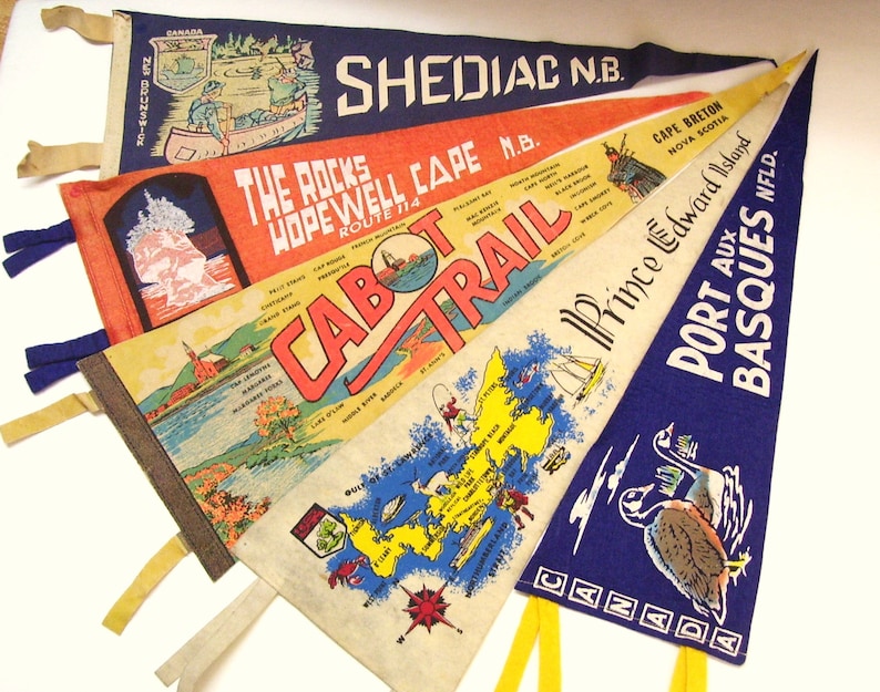 Hopewell Rock Port Aux Basques 1950s Lot of 5 Vintage Felt Pennants Eastern Canada Travel Souvenir Cabot Trail
