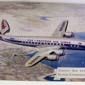Carte postale vintage aviation Eastern Air Lines Super Constellation avion inutilisé RPPC