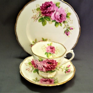 Royal Albert American Beauty Trio Cup and Saucer  with 7 Inch Side Plate - Pink Roses - Vintage Dining, Afternoon Tea Party