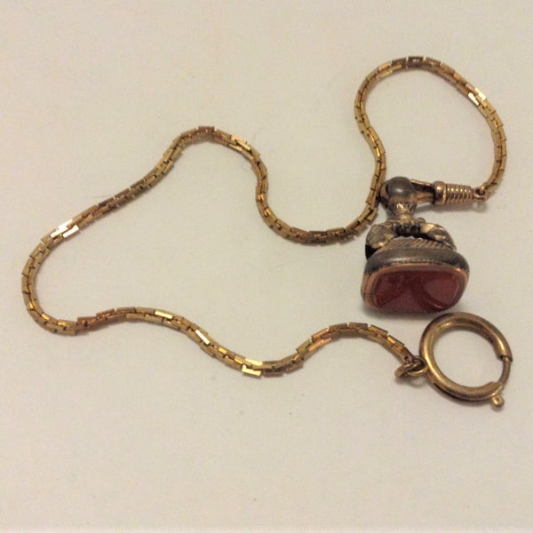 Antique Ornate Watch Fob and Gold Tone Chain with Carnelian