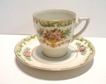 Vintage Demi Tasse Cup and Saucer CHIKARAMACHI Japan Roses Flowers Gilt